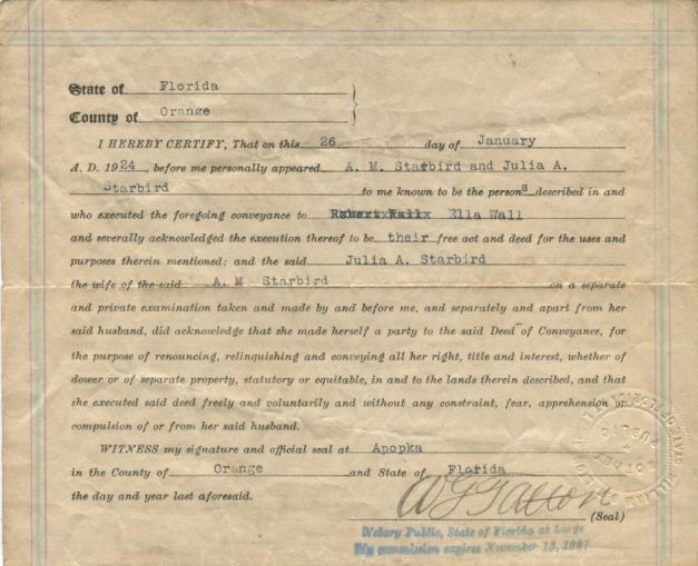 Part of a property warranty deed transferring land to Ella Wall in Apopka, certified in 1924. Ella Wall was an entrepreneur and businesswoman.
